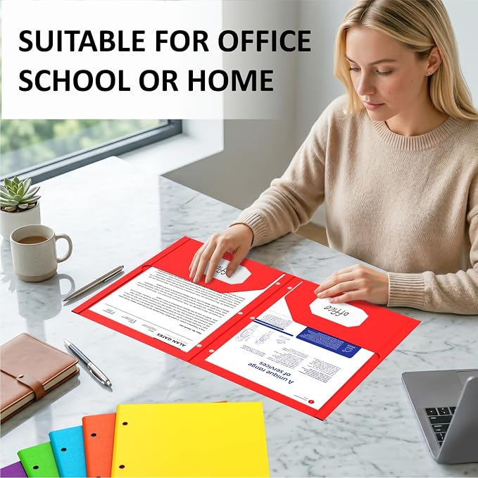 2 Pocket Folders, 6 Pack Folders with Pockets, 3-Hole Punch, File Folders | Heavy Duty Paper Folders, Fit Letter Size Paper, 6 Assorted Bright Colors, for School, Office, Home, Business