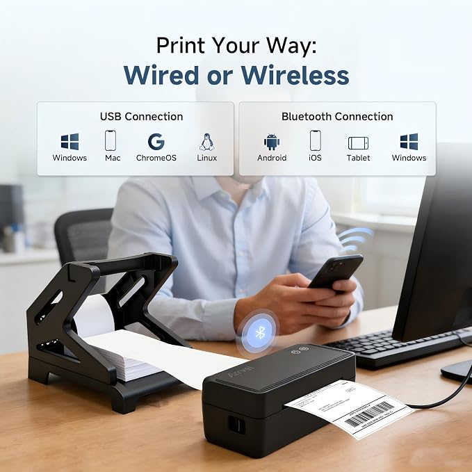 Bluetooth Thermal Label Printer with Stand, Wireless 4x6 Shipping Label Printer for Small Business, Inkless Printing for USPS Amazon Etsy Shopify, Support iPhone Android Windows Mac (Black)