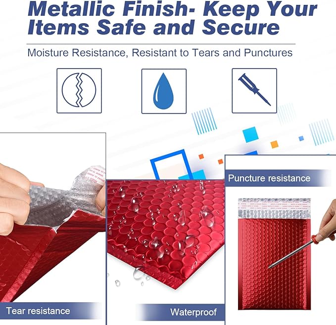 Metallic Matte Red Bubble Mailers Mailing Padded Envelopes 10.5x16 Inch- Self-seal Closure Bubble Shipping Bag 25pcs