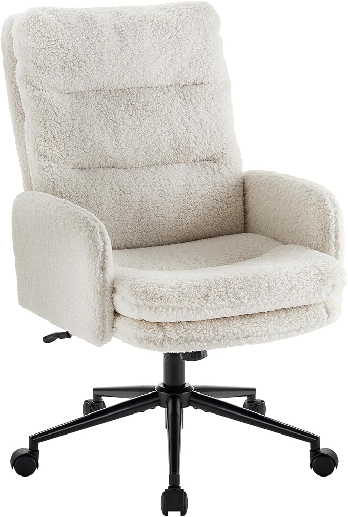 IWMH High Back Home Office Chair,Comfy Desk Chair with Armrests Cashmere | Ergonomic Upholstered Office Desk Chair,Height Adjustable Armchair with Wheels, 360° Swivel Desk Chair (White)