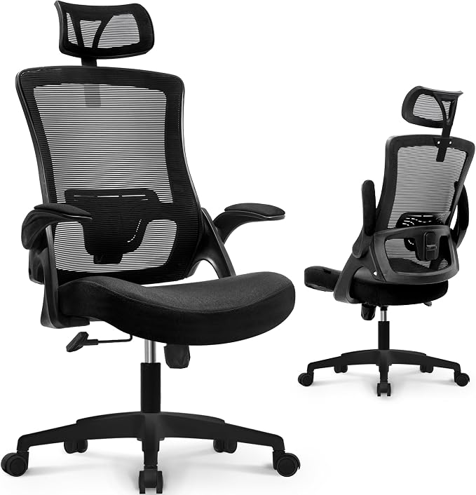 NEO CHAIR Office Desk Chair with Ergonomic High Back Headrest, Mesh Black | Adjustable Headrest and Lumbar Support with Flip-Up Armrests Designed for Extended Sitting Comfort While Saving Space