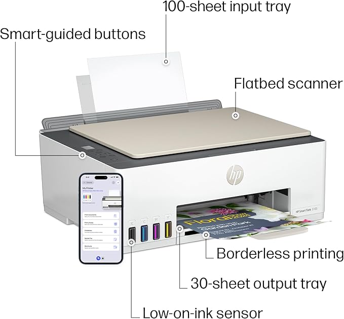 HP Smart Tank 5103 Wireless All-in-One Ink Tank Printer, Scanner,2 Years of Ink, 100 Sheets of Photo Paper Included, Cartridge-Free, Refillable, AI-Enabled (5D1B2A)
