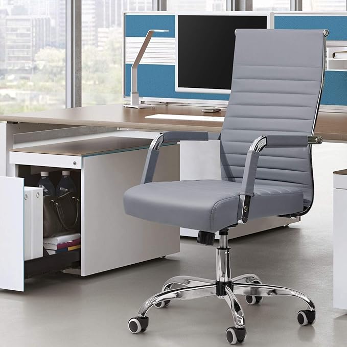 Furmax Ergonomic Office Desk Chair, Executive Ribbed Mid-Back PU Leather Conference Room Chair Adjustable Swivel Chair with Arms (1, Grey)