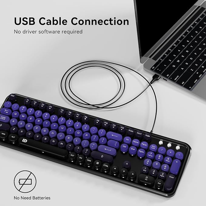 FOPETT 8870P Wired Keyboard and Mouse Combo - Full-Sized Computer Keyboards with 104 Round Keys Retro Typewriter Mouse and Keyboard for PC Windows Desktop Laptop - Purple Colorful