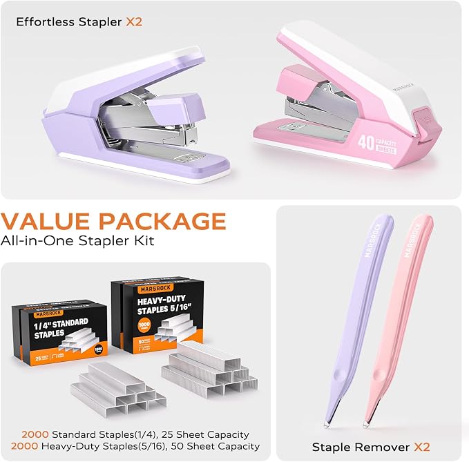 Marsrock Stapler for Desk with 40-50 Sheet Capacity, 4000 Staples, 2 Pack | 1-Touch Stapling, Ergonomic & Easy to Load Desktop Staplers, Heavy Duty Stapler, and Magnetic Staple Remover
