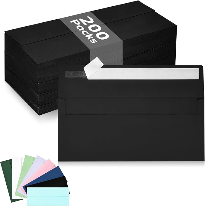 200 Pack #10 Business Envelopes, Black Standard Envelopes Self Seal, Letter Size Business Mailing Envelopes for Checks Letters Invoices Birthday Graduation Wedding Halloween,4 1/8 x 9 1/2 Inch