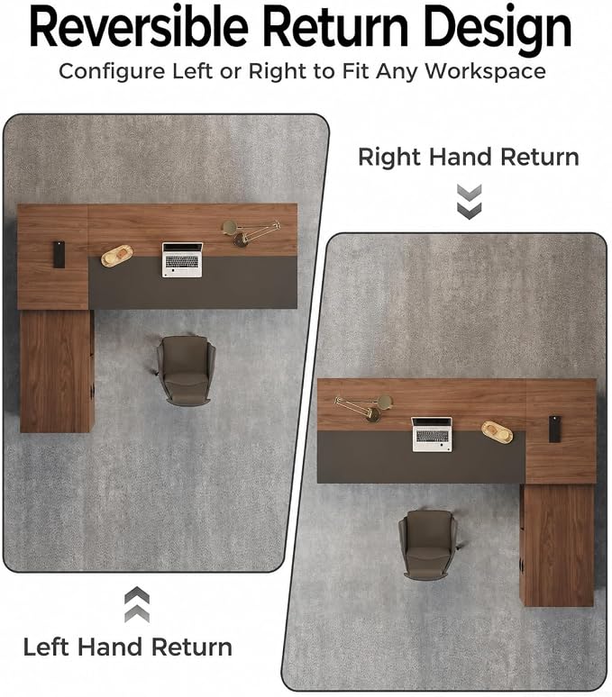 95" Reversible L-Shaped Executive Desk with Drawers – Luxury Office Computer Desk with Open Shelves, LED Lighting, Built-in Outlet & USB Ports for Home, Office, Corporate, School (95"W x 71"D x 30"H)