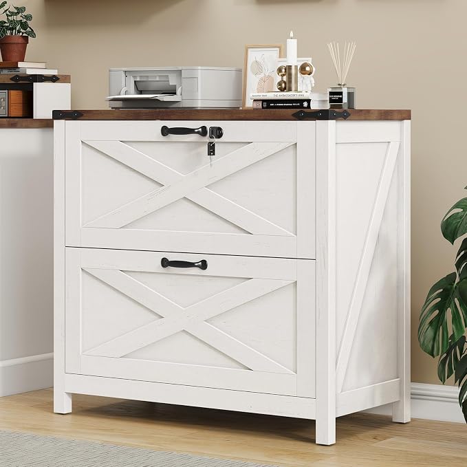 Halitaa Farmhouse Lateral File Cabinet with 2 Drawers, White and Brown | Lateral Filing Cabinet with Lock for Letter/A4/Legal Size, Large Wood File Storage Cabinet Printer Stand for Home Office