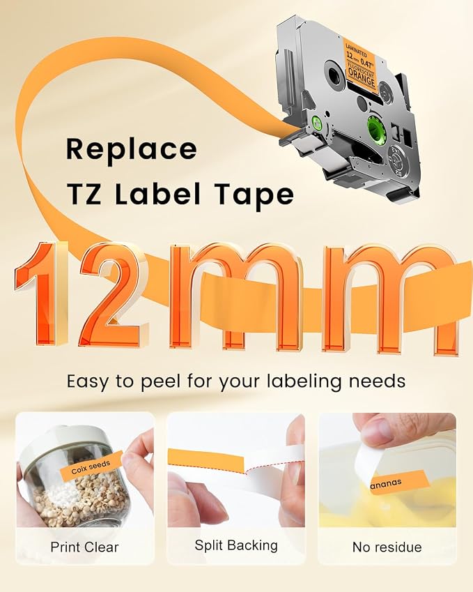 Orange Label Tape Replacement for Brother P-Touch Label Maker Tape TZe-B31 | Black on Orange TZ 12mm 0.47 Laminated for Ptouch PT-D210 D220 D200 Refills, 12 mm(1/2 Inch) x 8m(26.2ft), 3 Pack