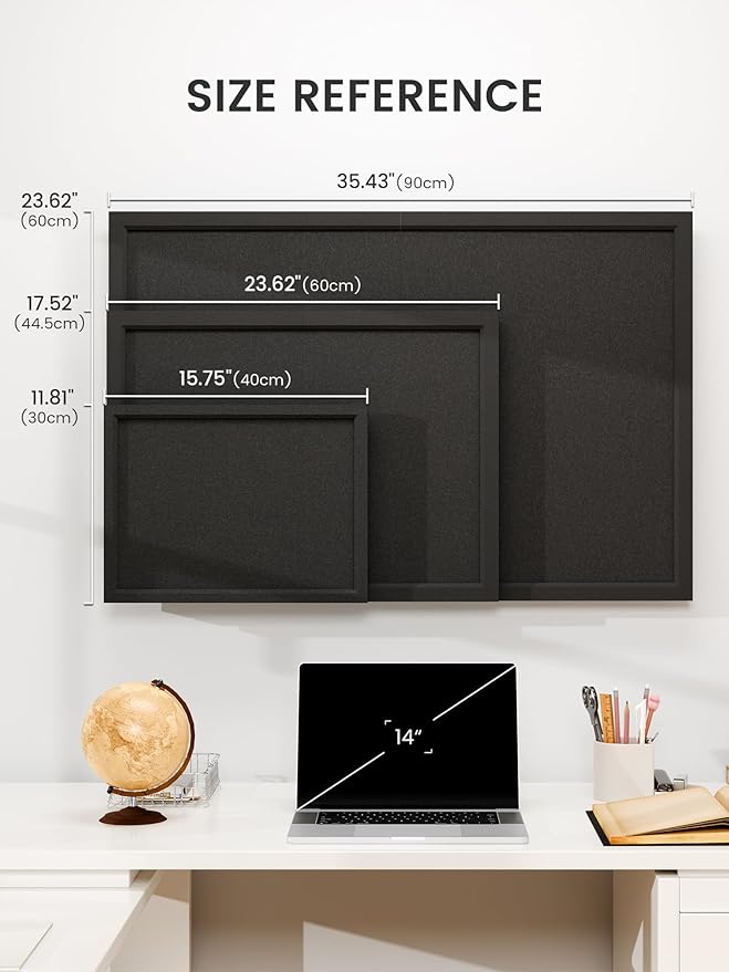 Fluxynara Foldable Cork Board Alternative, Felt Bulletin Board 36" x 24" Black Frame with 24 Adhesive Tabs, Pin Board for Home Office, Classroom, Entryway, Kitchen Wall Decor—Black
