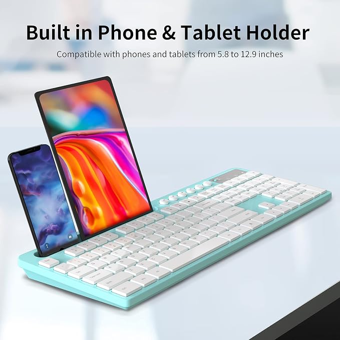 Wireless Keyboard and Mouse Combo, MARVO 2.4G Ergonomic Wireless Computer Keyboard with Phone Tablet Holder, Silent Mouse with 6 Button, Compatible with MacBook, Windows (Blue)