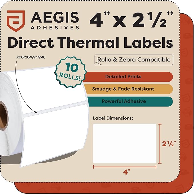 4" X 2.5" Direct Thermal Labels (5750 Count, 10 Rolls) | Inventory Barcode Stickers, SKU Labels, and Shipping Stickers - Compatible With Zebra and Rollo Printers - Aegis Adhesives