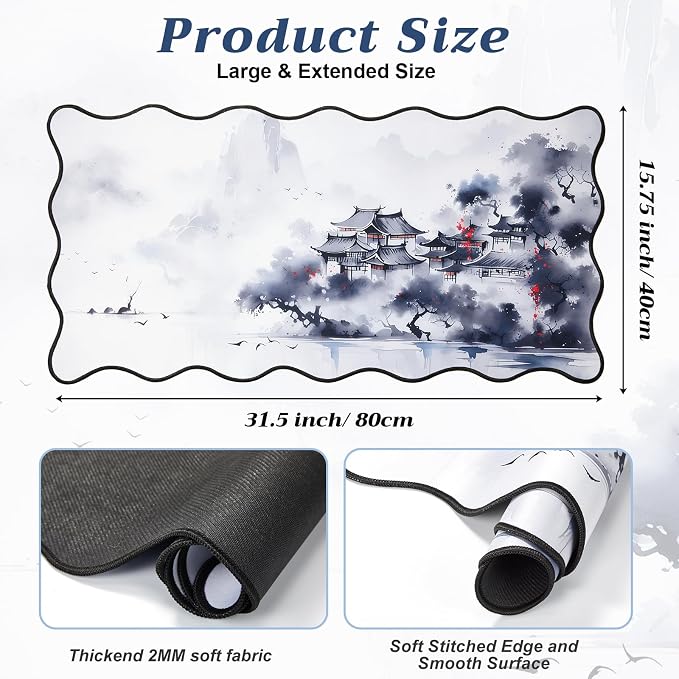 Kingdder Scalloped Japanese Desk Mat Large Aesthetic Ink Mouse Pad 31.5" x 15.7" Chinoiserie Nonslip Rubber Base Keyboard Pad for Laptop Gaming Office Computer Dorm Home