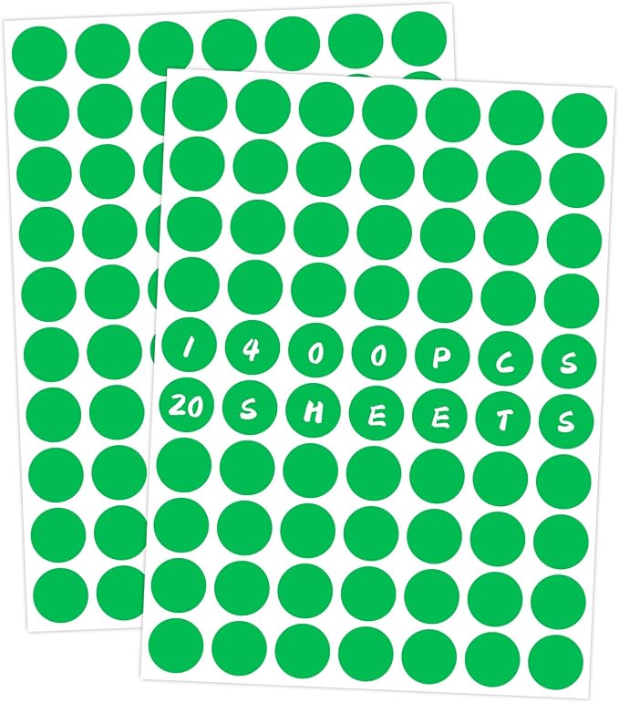1400 PCS Green Circle Dot Stickers 3/4" Round Coding Label | Used for manual labor in kindergartens, garage yard price sales, organizing activity color groups,marking spice bottles