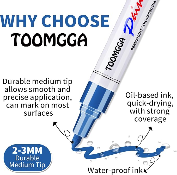 TOOMGGA 2 Blue Paint Pens Permanent Paint Markers, Oil Based Medium Tip | Marking Pens, Quick Drying, Waterproof, Fade-resistant, for Rock Painting, Car Tyre, Metal, Plastic, Canvas, Mugs, Wood