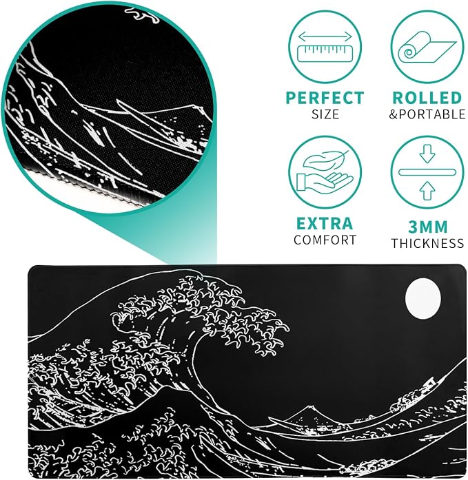 Japanese Sea Wave Gaming Mouse Pad 27.6x11.8 Inch Anime Black Large Mousepad Extended Kanagawa Mousepad Gaming Non-Slip Rubber Base Stitched Edges Keyboard Mouse Mat Desk Pad for Office Home Game