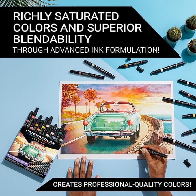 Prismacolor Premier Dual-Ended Art Markers, Chisel and Fine Tips, Mid-Tone Colors, 12 Count - Professional Quality for Artists, Adult Coloring, Drawing