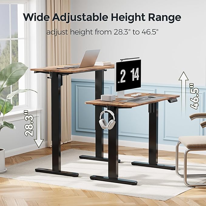 Small Standing Desk, 35" ×20" Electric Standing Table, Height Adjustable Compact Sit Stand Workstation with Splice Board, Home Office Desk with 2 Hooks, Rustic Brown