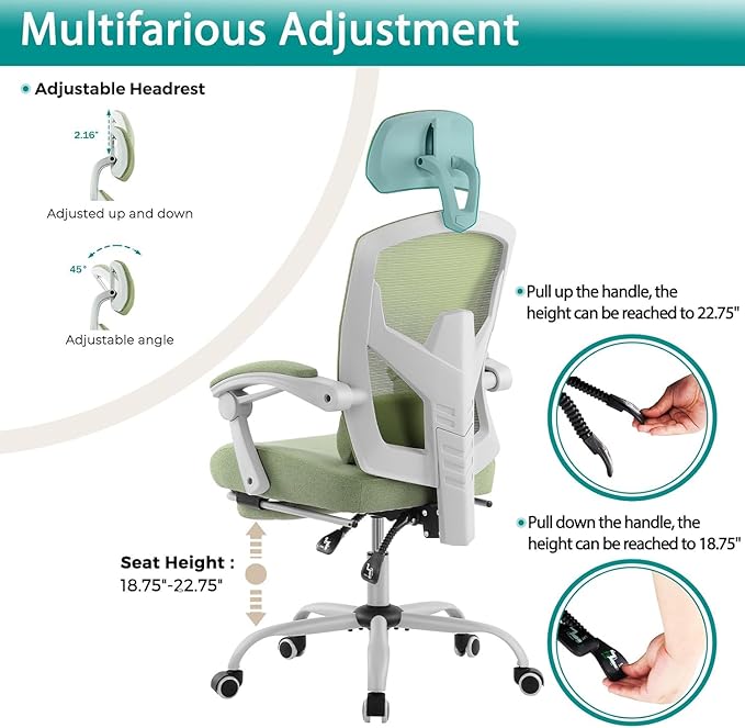 DUMOS Home Office Desk Chair with Footrest, High-Back Mesh Rolling Swivel Reclining Chairs with Wheels, Comfortable Headrest, Lumbar Support, Comfy Arms for Home, Office, Gaming, Elegant Green