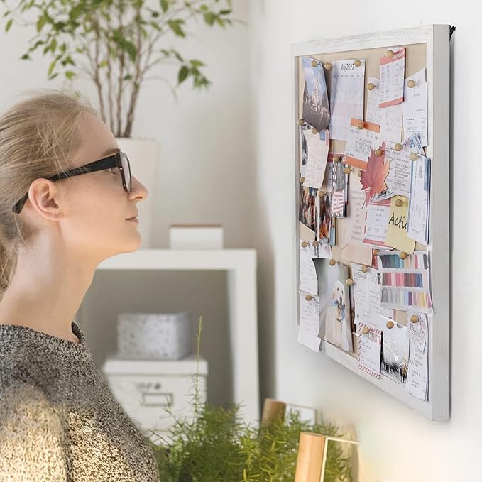 Miratino Large Bulletin Board 23x18 inch with Linen Cork Boards Wall Decor Hanging Pin Wood Framed Display Bulletin Cork Photo Picture Board Light for Room School Office 20-Pushpin Vintage White