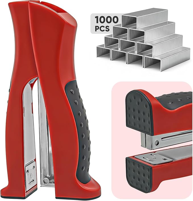 Stand-Up Stapler with 1000 Standard 1/4" Staples, Handheld Ergonomic Soft Grip 2-in-1 Vertical & Flat-Use Desktop Full Strip Stapler for Office, Home, School, Business, Classroom Supplies – Red