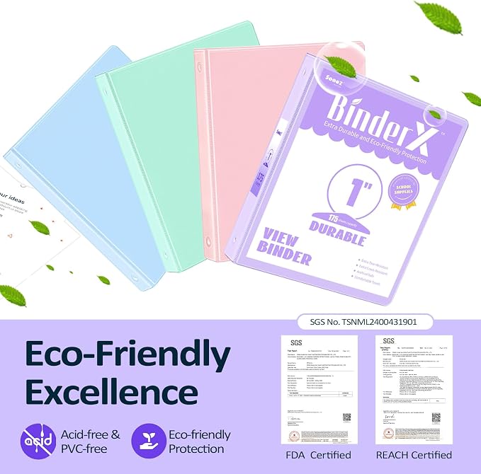 BinderX 3 Ring Binder 1 Inch, 1" Clear View Binder, Lavender, Letter Size | Extra Durable, PVC-Free, Customizable, Interior Pockets, 175-Sheet Capacity, Eco-Friendly, Reinforced Hinge, School, Office