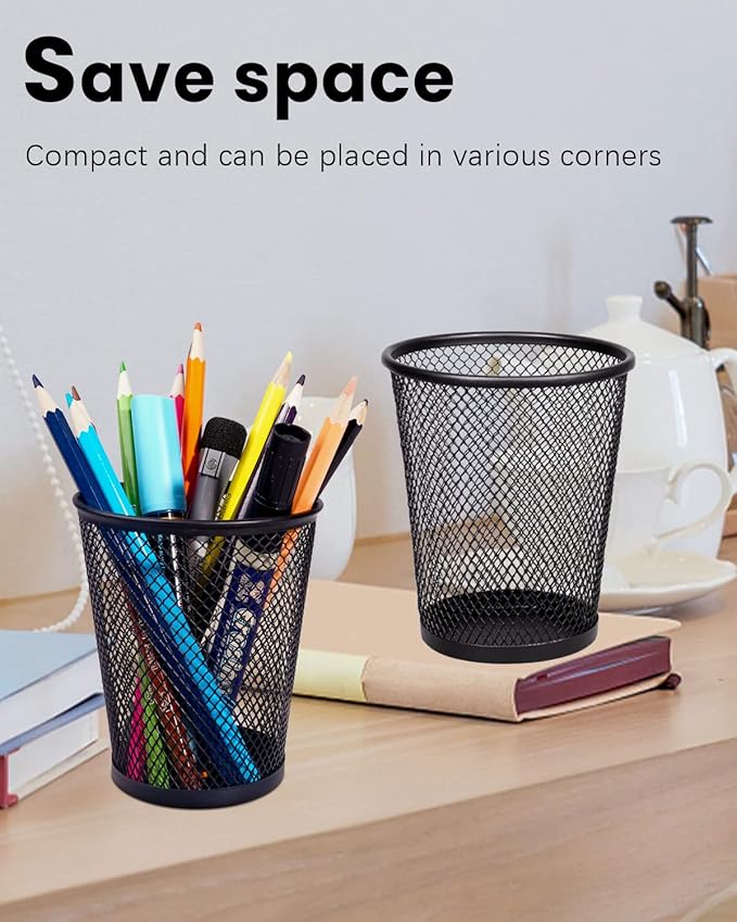 QYH Mesh Pencil Holder Metal Pen Cup Black for Desk 6 Packs, Office Caddy Storage