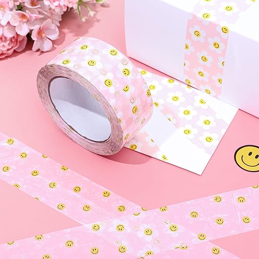 Whaline 109 Yard Smile Daisy Packing Tapes Pink White Smile Face Flower Pattern Tape Waterproof Floral Shipping Tape for Small Business DIY Crafts Box Carton Decor