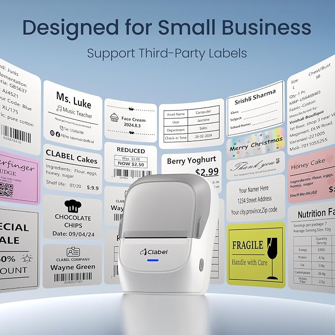 CLABEL Thermal Label Maker Machine 221B Mini Portable Label Printer Thermal Labeling Printing Machine Sticker Bluetooth Label Printer Barcode Inkless Labelmaker for Price Logo Clothing (Gray White)