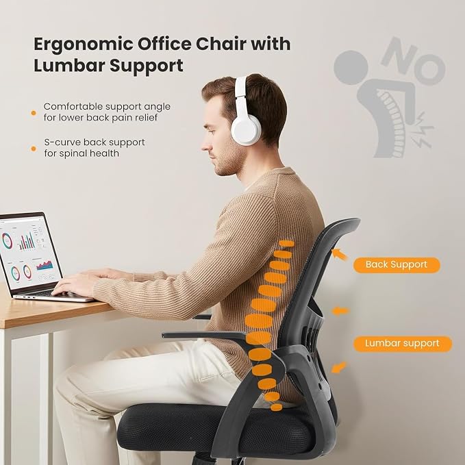 Sweetcrispy Computer Desk Chair, Home Office Chair, Lumbar Support, Black | Flip Up Armrest, Adjustable Height, 360° Swivel Wheels, Ergonomic Mesh Mid-Back, Comfy Arms Bedroom Study