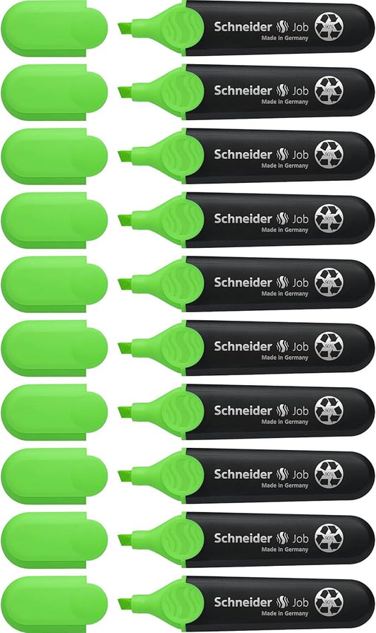 Schneider Job Highlighter, Chisel Tip, 1 + 5 mm, Black Barrel, Green Ink, Box of 10 Highlighters (1504)