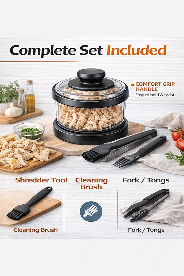 Chicken Shredder Tool, Large Meat Shredder with Handle, Easy Twist Chicken Breast Shredder, BPA Free, Fast & Effortless Shredding for Chicken, Pork & Beef, Includes Cleaning Brush & Fork