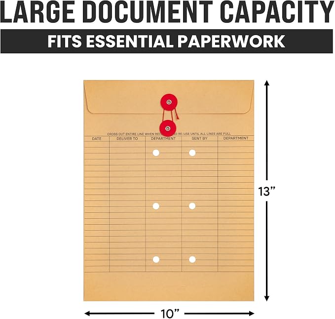 Interoffice Envelopes with String, 10" x 13" (Pack of 100) | String Tie Interdepartmental Envelopes, Sturdy 100gsm Paper