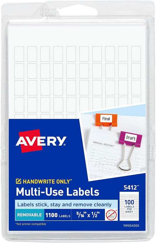 Avery Multi-Use Removable Labels, 5/16" x 1/2", White, Non-Printable, 1,100 Blank Labels Per Pack, 19,800 Total (18 Packs of 5412)