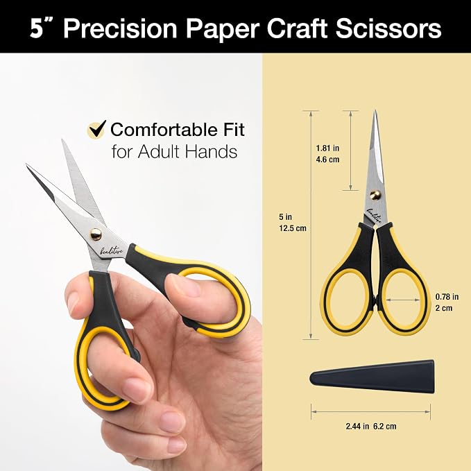 Precision Craft Scissors - Stainless Steel Blades With Safety Cap - Ultra Sharp Tip & Non-Slip TPR Handles - For Adult & Kid Paper Crafting, Scrapbooking, Home, Office, and School Use