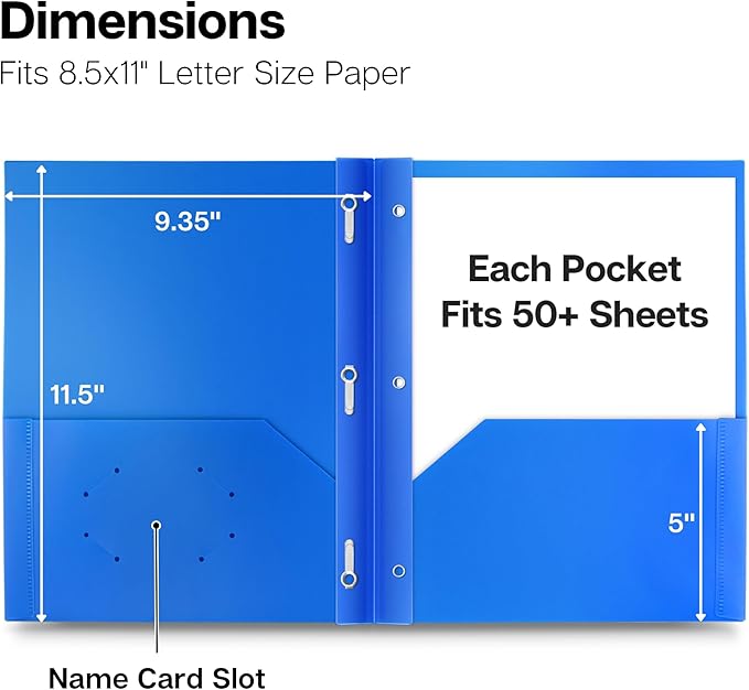 Dunwell Plastic 2-Pocket Folders with 3 Prongs, Blue, 12 Pack | Durable Acid-Free Poly with Fasteners, Long-Term School & Office Use, Labels Included