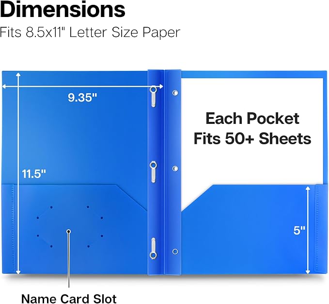 Dunwell Plastic Folders with 3 Prongs, (24 Pack, Blue), 2-Pocket Folders with Fasteners, Durable Acid-Free Poly for Long Term Use, Labels Included