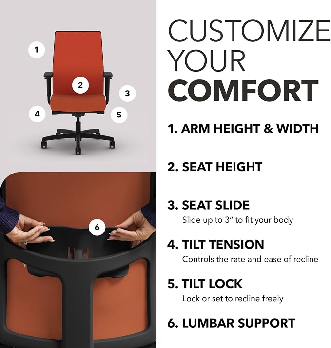 HON Ignition 2.0 Ergonomic Office Chair, Lumbar Support, Salamander | Ergonomic office desk chair with lumbar support, adjustable arms, office decor, workstation comfort for focused productivity