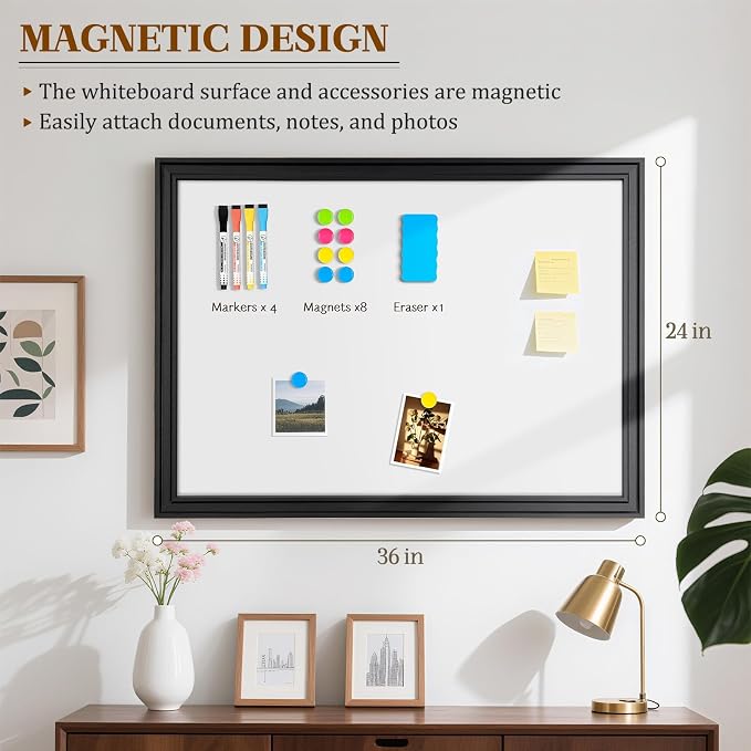 White Board for Wall, 36'' x 24'' Magnetic Dry Erase Board, Black | Wooden Frame, Decorative Whiteboard, Wall Mounted, for Home, Office, Kitchen, Dorm, 4 Markers, 6 Magnets, A Eraser