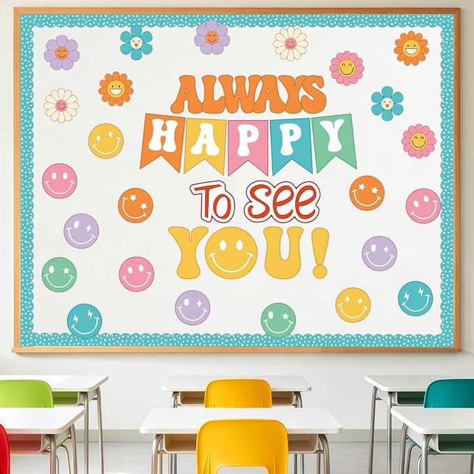 54Pcs Smile Face Bulletin Board Decorations Set, Always Happy to See You Bulletin Board, Colourful Happy Face Paper Cutouts for Back to School Classroom Teacher Supplies Office Door Wall Decor