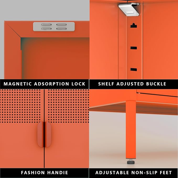 Washsemba 2 Mesh Door Metal Cabinet with Adjustable Shelves, Multipurpose Orange Storage Cabinet, 3-Tier,Metal Storage Cabinet for Office Home,Hallway(Orange, 47''H)