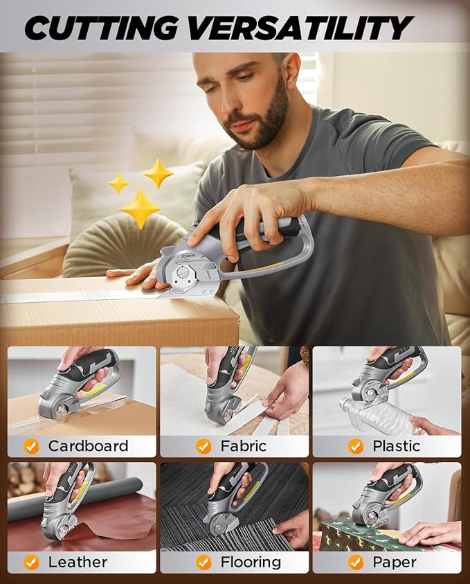 Saker Box Cutter Electric Cordless: Card board Cutter Scissors for Fabric Leather Paper Plastic - Cardboard Cutting Tool with 4V Recharged Battery - Safety Lock and LED Light for Cutting,Grey