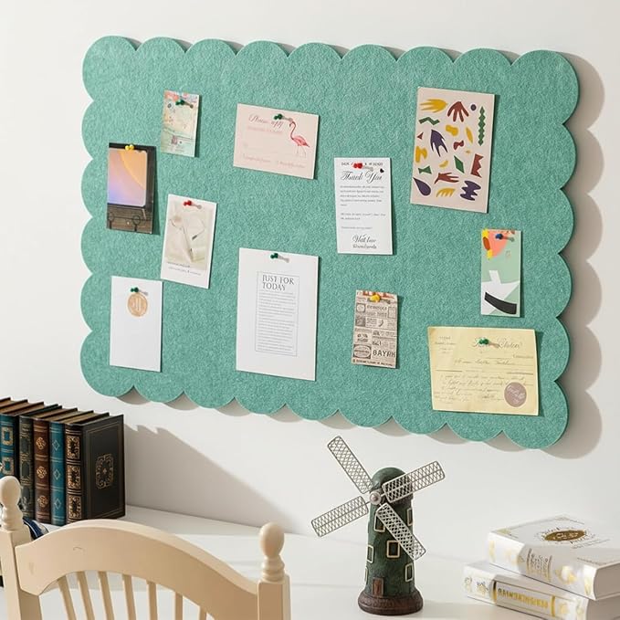 Scalloped Felt Bulletin Board 24 x 18 Inches Foldable Forest Green Pin Cork Board Alternative for Wall, 2' x 1.5' Trifold Picture Vision Self Adhesive Bulletin Decorative