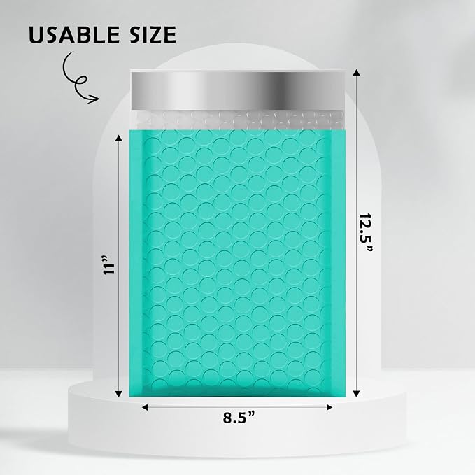 Yens Teal Poly Bubble Mailers 8.5x12 25 Pack Usable 8.5x11 | Waterproof Self Seal Adhesive Shipping Bags, Cushioning Padded Envelopes for Shipping, Mailing, Packaging