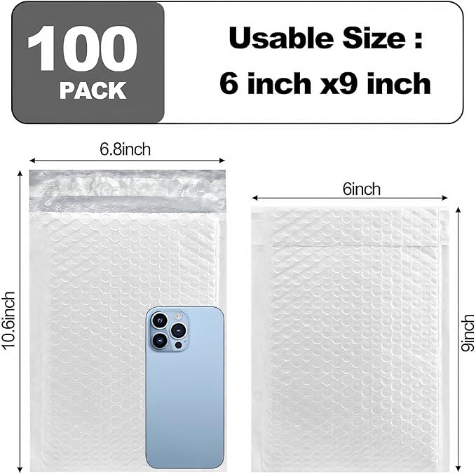 Nicunom 100 Pack Bubble Mailers 6x10", Usable Size 6x9" Self Seal Padded Envelopes Opaque Poly Wrap Bubble Bags Waterproof Shipping Bags for Small Business Mailing Makeup Jewelry Gifts, White