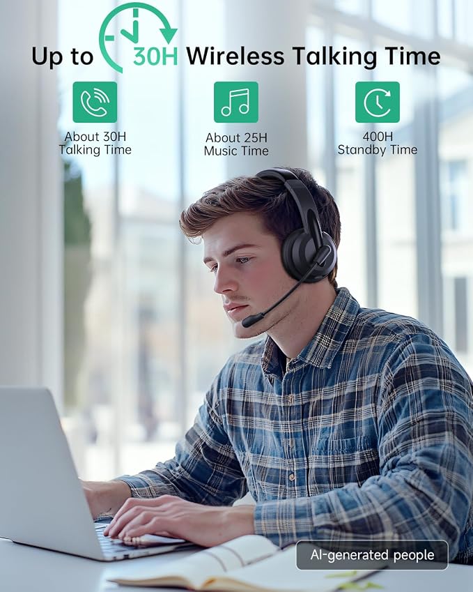 AOC Wireless Headset with Mic for Work, AI Noise Cancelling, Bluetooth | AI Noise Cancelling Mic, Bluetooth 5.3, USB-A/C Dongle Included, Mic Mute, Compatible with PC, Laptop & iPhone