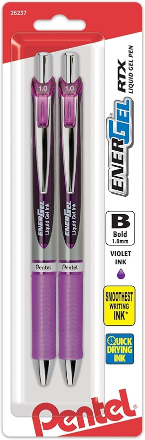 Pentel Energel RTX Retractable Liquid Gel Pen, Bold Line, Metal Tip, Violet Ink Pack of 2 (BL80BP2V)