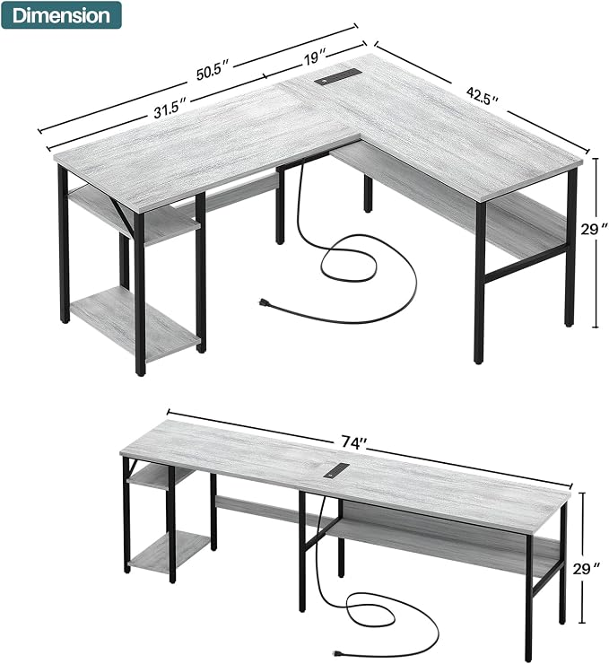 Unikito L Shaped Computer Desk with Magic Power Outlets and USB Charging Ports, Sturdy Reversible Corner Desk with Storage Shelves, Modern Work Desk for Home Office, Easy to Assemble, White Oak