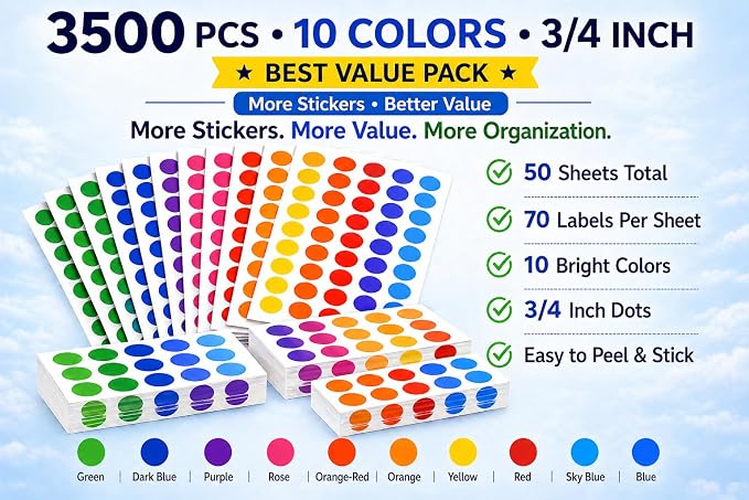 3500 PCS Colored Dot Stickers, 3/4 Inch Round Color Coding Labels, Circle Stickers for Classroom, Office, Organization, Teachers, Kids, Price Labels & Crafts
