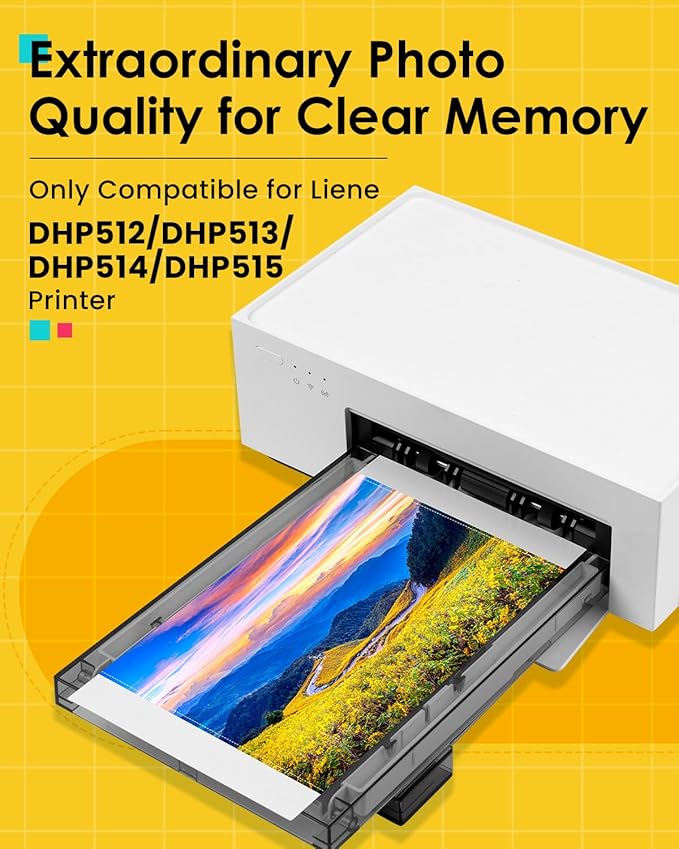 Compatible with Liene Amber M100/M200/M110/M210 4 x 6" Photo Printer 160 Sheets Photo Paper & 4 Ink Cartridges Refill, Only for DHP512/DHP513/DHP514/DHP515 Printer, Dye Sublimation, No Fade